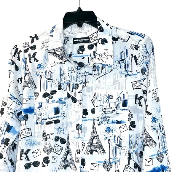 Karl Lagerfeld Paris Women's Long Sleeve Whimsical Blue and Black Blouse size L - Picture 5 of 12